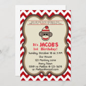 Sock Monkey Birthday Partyへの招待カスタマイズ- 招待状 (正面/裏面)