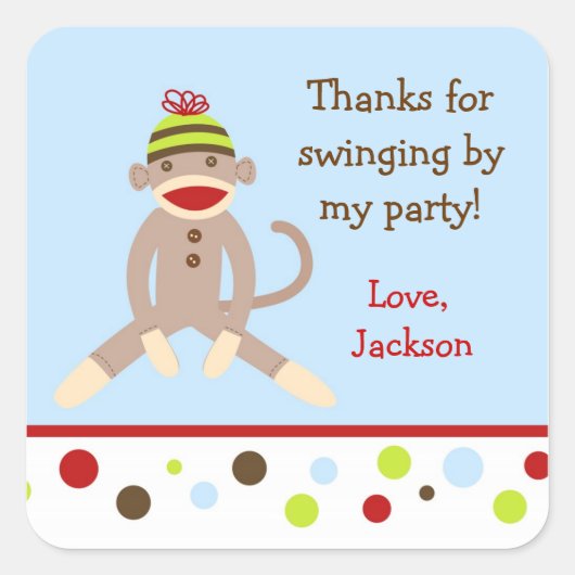 Sock Monkey Birthday Party Friends Stickersラベル スクエアシール (正面)
