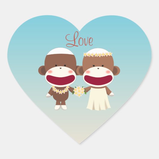 Sock Monkey Hawaiian Wedding Sticker ハートシール (正面)
