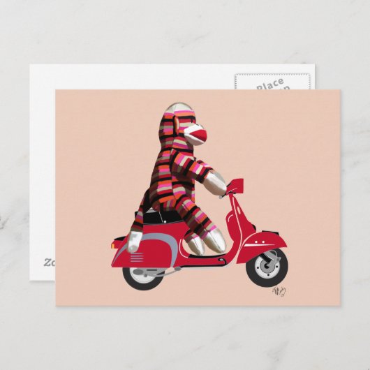 Sock Monkey on Red Moped ポストカード (正面/裏面)