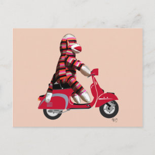 Sock Monkey on Red Moped ポストカード