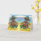 SOCK MONKEY RED BIKINI、ビーチおもしろい漫画 カード (黄色い花)