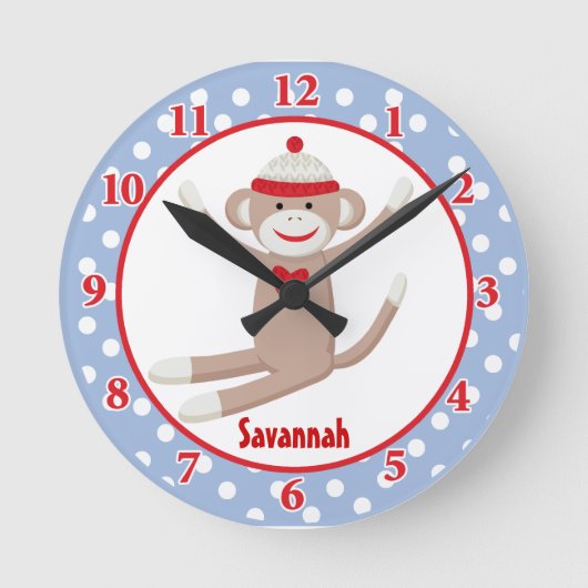 Sock Monkey Wall Clock (Blue)名前の追加 ラウンド壁時計 (正面)