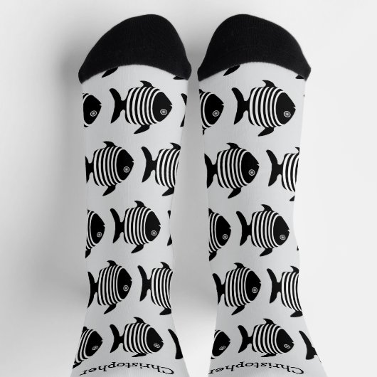 Socks Black And White Fish Design ソックス (上部)