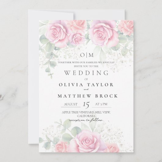 Soft and Elegant Blush Pink Roses Wedding 招待状 (正面)