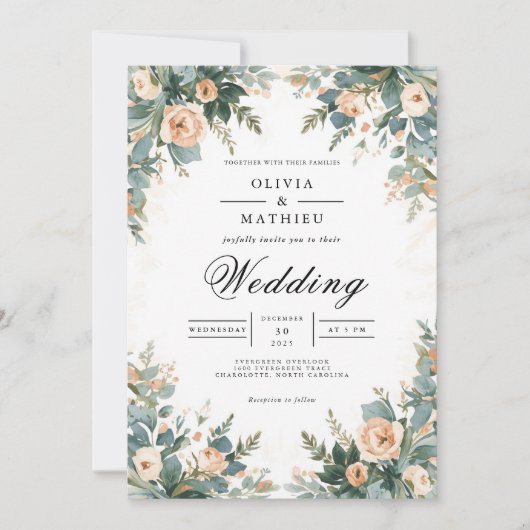 Soft Apricot Botanical Arch Wedding 招待状 (正面)
