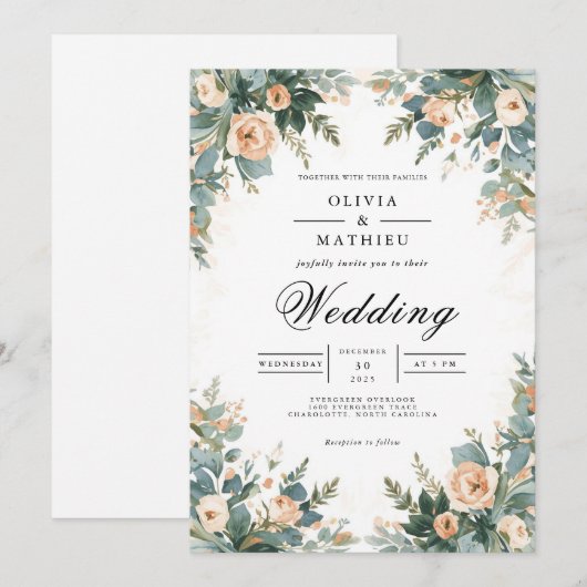 Soft Apricot Botanical Arch Wedding 招待状 (正面/裏面)