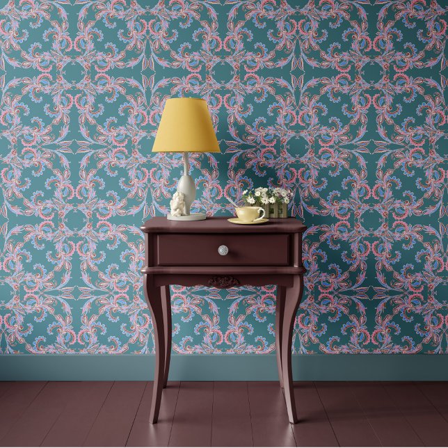 Soft Aqua Blue Baroque Ornamental Design 壁紙 (クリエイターアップロード済み)