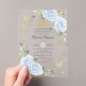 Soft Baby Blue Floral Butterflies Gold Quinceanera アクリル招待状 (インサイチュ (ポータブル))