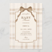 Soft beige brown bow tartan plaid baby shower 招待状 (正面)