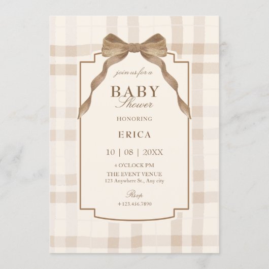 Soft beige brown bow tartan plaid baby shower 招待状 (正面)