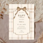 Soft beige brown bow tartan plaid baby shower 招待状