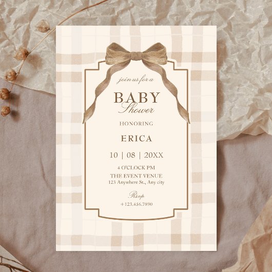 Soft beige brown bow tartan plaid baby shower 招待状