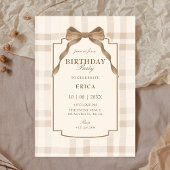 Soft beige brown bow tartan plaid birthday 招待状