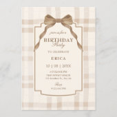 Soft beige brown bow tartan plaid birthday 招待状 (正面)