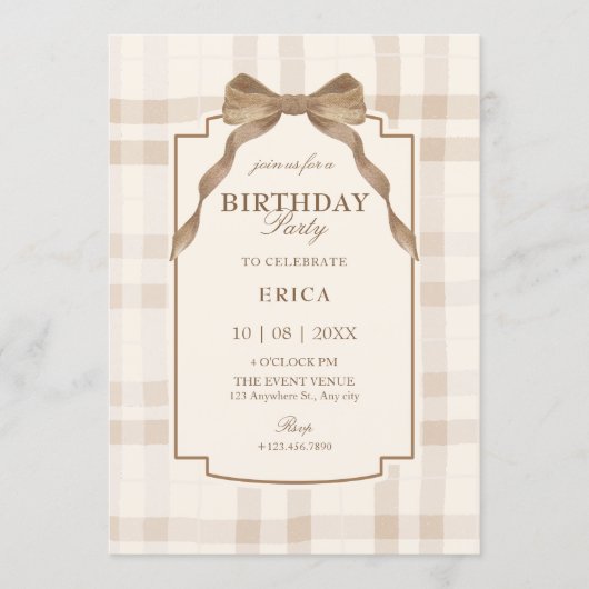 Soft beige brown bow tartan plaid birthday 招待状 (正面)