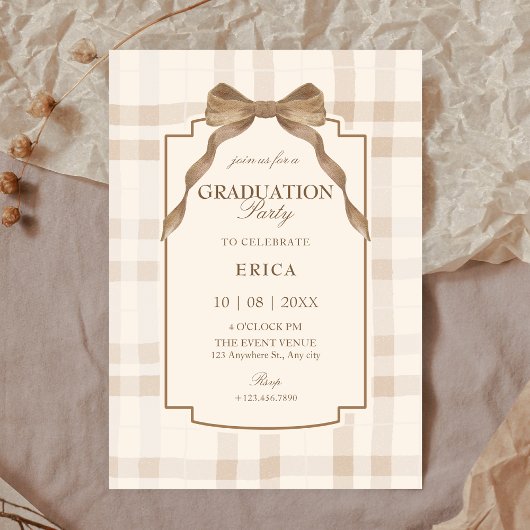Soft beige brown bow tartan plaid graduation 招待状