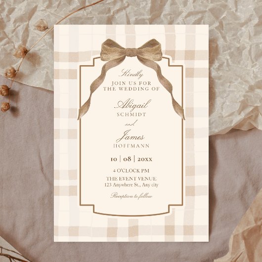 Soft beige brown bow tartan plaid wedding 招待状
