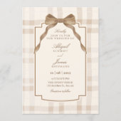 Soft beige brown bow tartan plaid wedding 招待状 (正面)