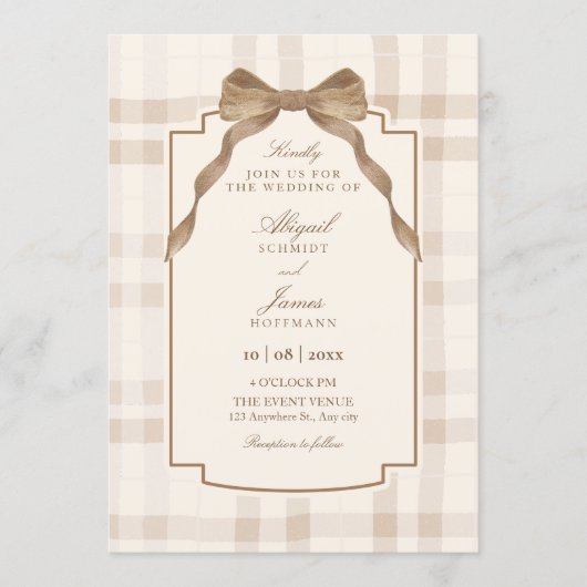 Soft beige brown bow tartan plaid wedding 招待状 (正面)