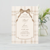 Soft beige brown bow tartan plaid wedding 招待状 (スタンド正面)