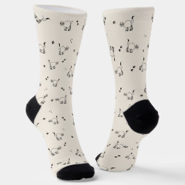 Soft Beige Cat Line Art Pattern Socks ソックス