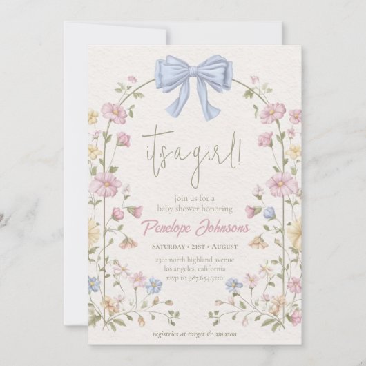 Soft Beige Floral Flower Its a Girl Baby Shower 招待状 (正面)