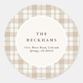 Soft Beige Gingham Christmas Return Address ラウンドシール