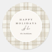 Soft Beige Gingham Happy Holidays ラウンドシール (正面)