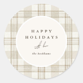 Soft Beige Gingham Happy Holidays ラウンドシール