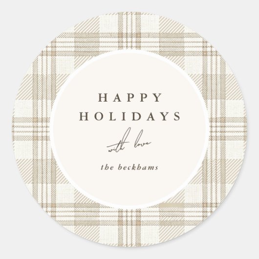 Soft Beige Gingham Happy Holidays ラウンドシール (正面)