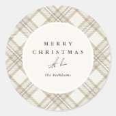 Soft Beige Gingham Merry Christmas ラウンドシール (正面)