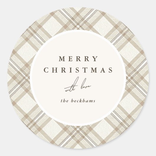 Soft Beige Gingham Merry Christmas ラウンドシール (正面)