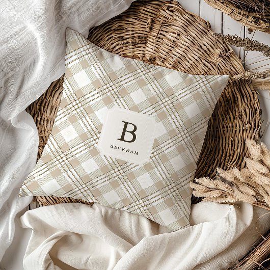 Soft Beige Gingham Monogram Festive クッション
