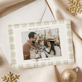 Soft Beige Gingham Photo Christmas シーズンカード