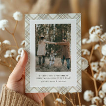 Soft Beige Gingham Photo Holiday Card