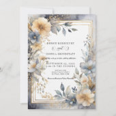 Soft Beige & Gray Floral Frame Wedding Invitation  招待状 (正面)