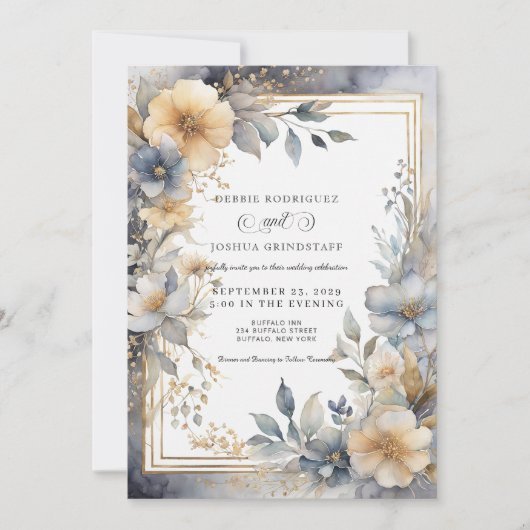 Soft Beige & Gray Floral Frame Wedding Invitation  招待状 (正面)