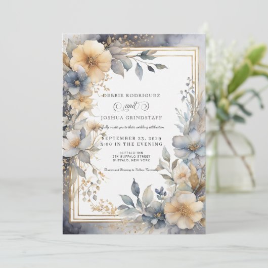Soft Beige & Gray Floral Frame Wedding Invitation  招待状 (スタンド正面)