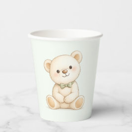 Soft beige watercolor teddy bear with sage green 紙コップ