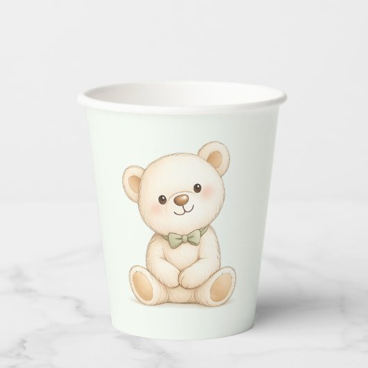 Soft beige watercolor teddy bear with sage green 紙コップ (正面)