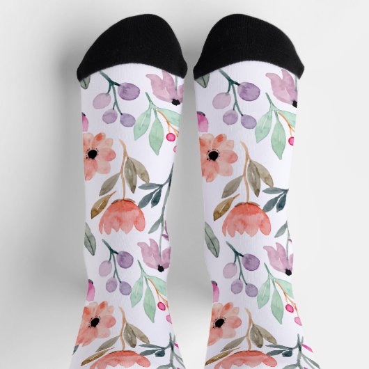 Soft Bloom Watercolor Flower Pattern Pastel  ソックス (上部)