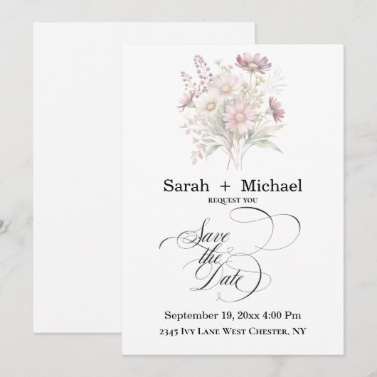 Soft Blooms Spring Floral Save the Date Invitation 招待状 (正面/裏面)