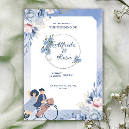 Soft Blue and White Floral Illustrative Wedding 招待状