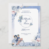 Soft Blue and White Floral Illustrative Wedding  招待状 (正面)