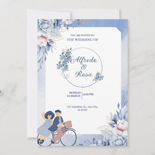 Soft Blue and White Floral Illustrative Wedding  招待状 (正面)