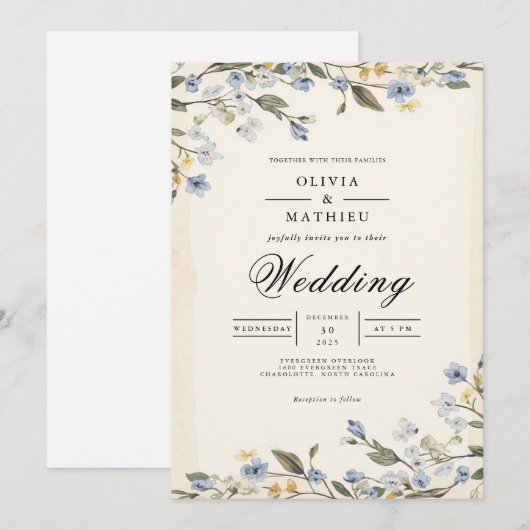 Soft Blue Blossom Arch Wedding 招待状 (正面/裏面)