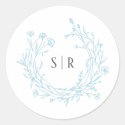 Soft Blue Boho Floral Monogram Custom Wedding ラウンドシール (正面)