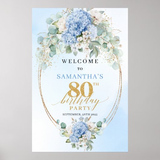 Soft Blue Boho Gold Hydrangeas 80 birthday welcome ポスター (正面)