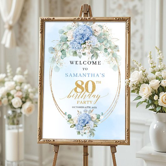 Soft Blue Boho Gold Hydrangeas 80 birthday welcome ポスター